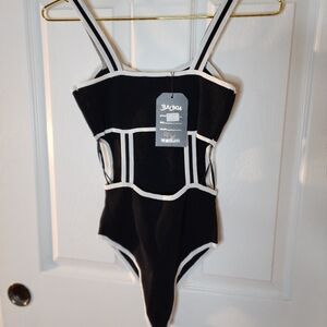 Black and White Bodysuit with Geometric Design